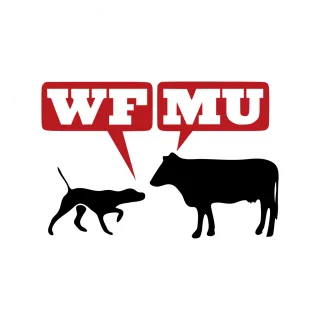 A white circle containing the silouhettes of a dog barking 'WF', next to a cow mooing 'MU'